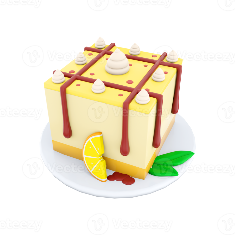 3d rendering lemon cheesecake icon. 3d render cheesecake with lemon slice and chocolate lines on top with cream icon. Lemon cheesecake. png