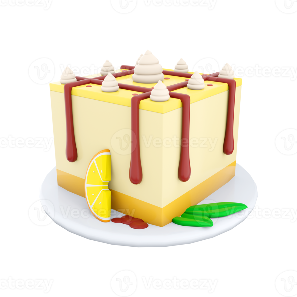 3d rendering lemon cheesecake icon. 3d render cheesecake with lemon slice and chocolate lines on top with cream icon. Lemon cheesecake. png