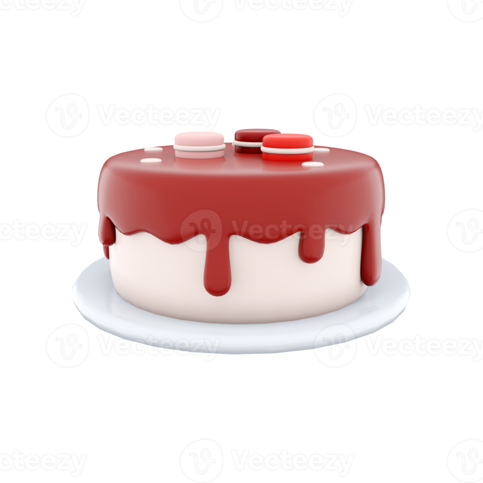 3d rendering cake with macarons on top icon. 3d render dessert with macarons and chocolate icing icon. Cake with macarons on top. png