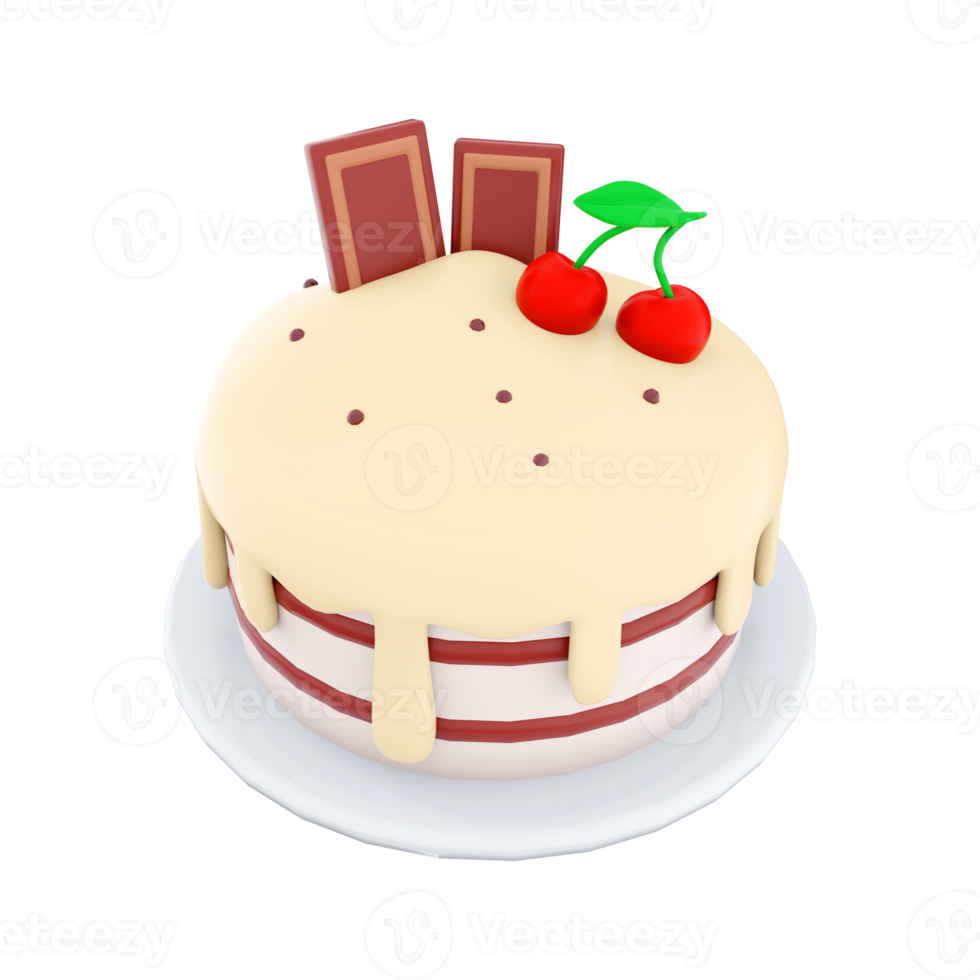 3d rendering cake with chocolate bar and cherries on top icon. 3d render sweet dessert with ripe cherries and sweet chocolate and cream icing. Cake with chocolate bar and cherries on top. png