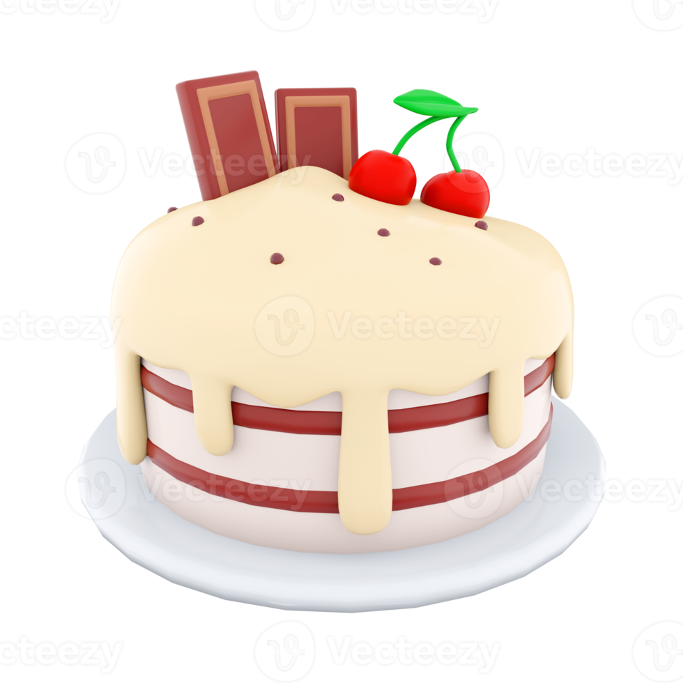 3d rendering cake with chocolate bar and cherries on top icon. 3d render sweet dessert with ripe cherries and sweet chocolate and cream icing. Cake with chocolate bar and cherries on top. png