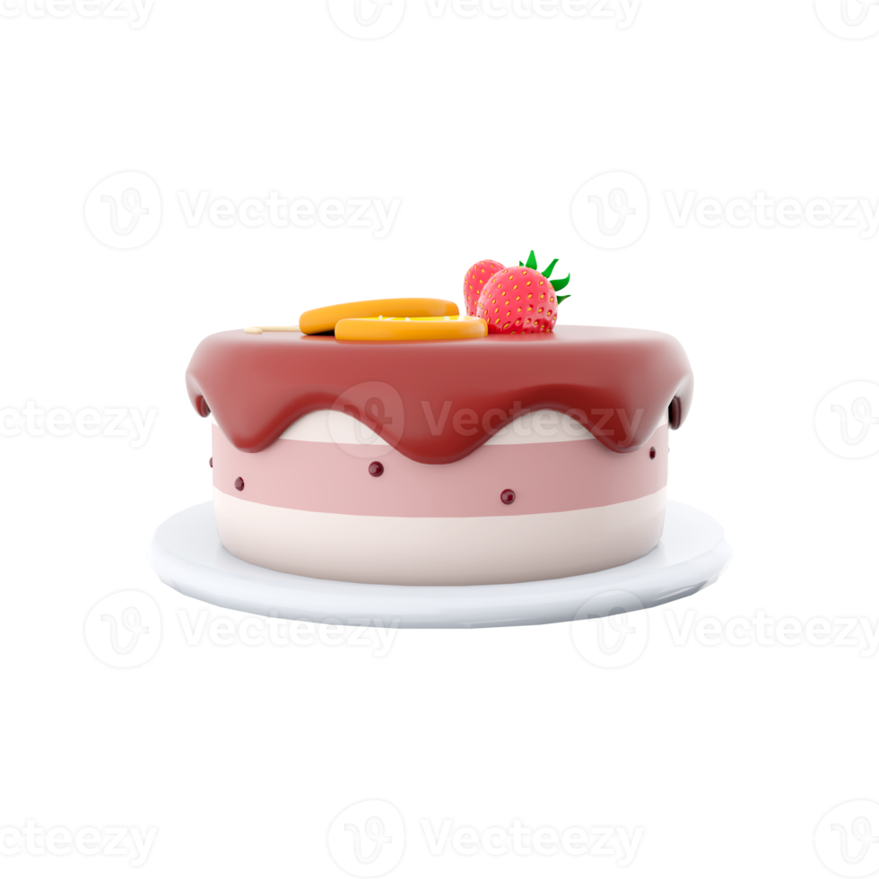 3d rendering cake with peace of lemon and strawberry on top icon.3d render cake with chocolate icing with lemon and strawberries on top icon. Cake with peace of lemon and strawberry on top. png