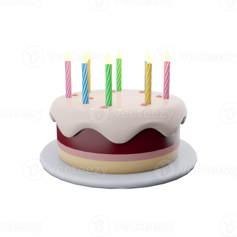 3d Rendern Geburtstag Kuchen mit Kerzen. 3d machen dreischichtig Dessert mit bunt Kerzen. Geburtstag Kuchen. png