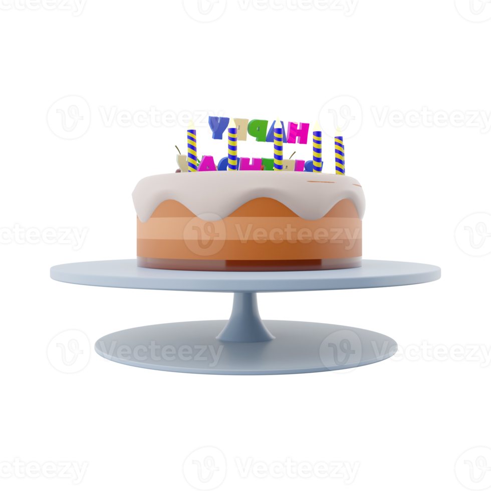 3d rendering birthday cake with colorful banner and candles with berries on top icon . 3d render birthday greeting with fruit cake, ripe berries and candles icon. Birthday cake with colorful banner. png