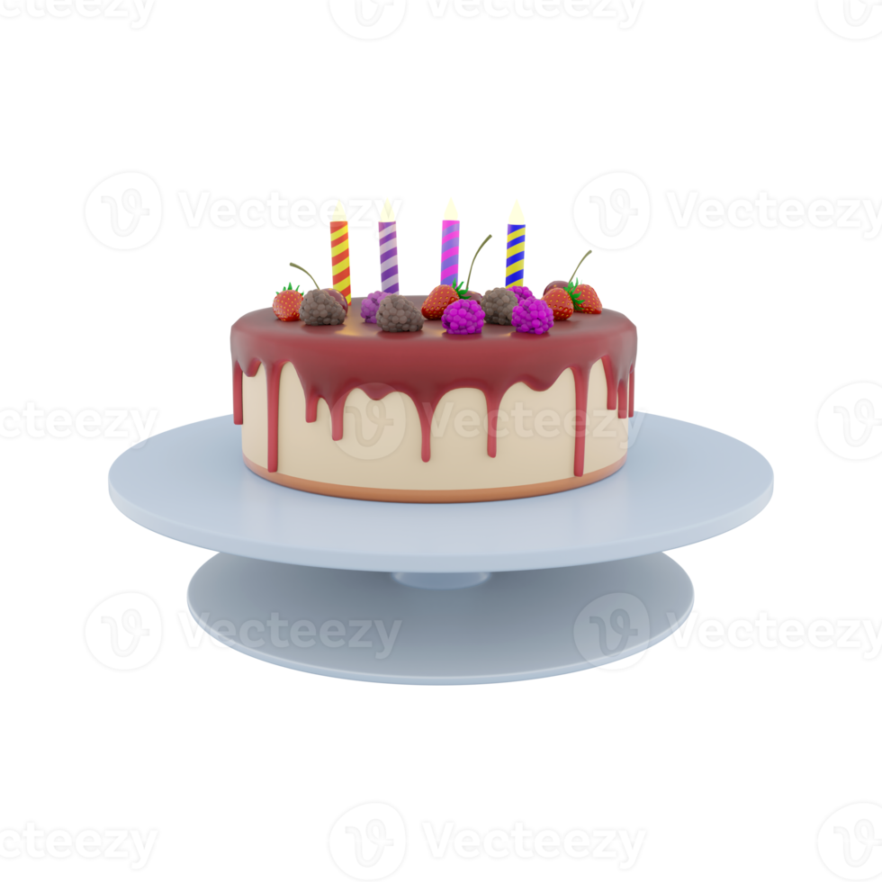 3d rendering cake with fruit glaze and berries with candles icon. 3d render appetizing cooked birthday cake with sweet taste icon. Cake with fruit glaze and berries with candles. png