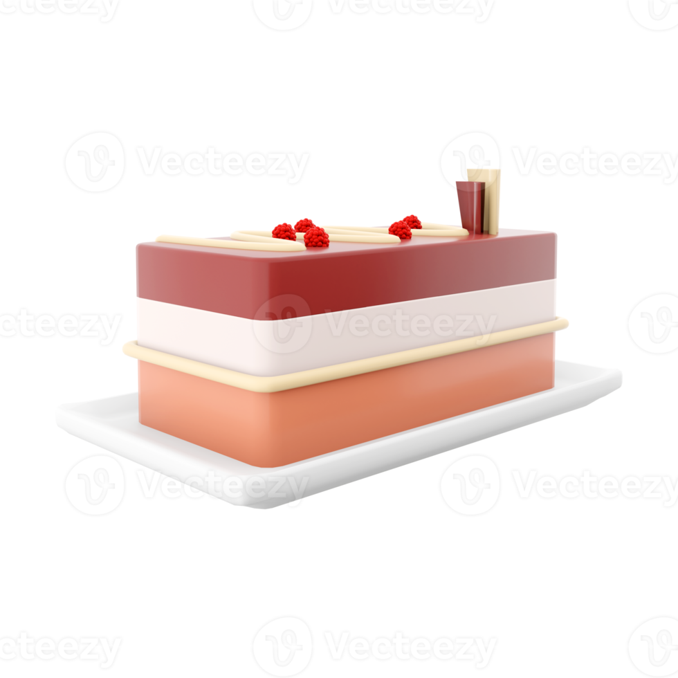 3d rendering cheesecake with raspberries and chocolate icon. 3d render three-layer sweet dessert with raspberry filling icon. Cheesecake with raspberries and chocolate. png