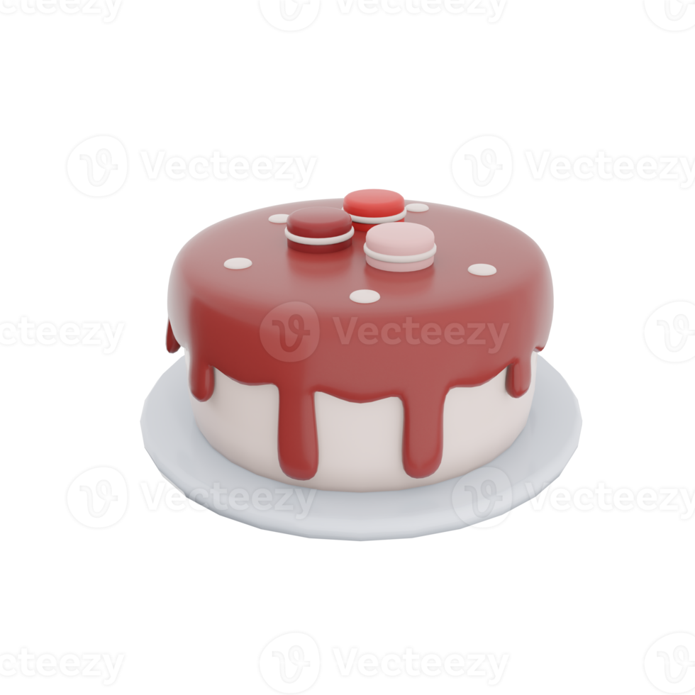 3d rendering cake with macarons on top icon. 3d render dessert with macarons and chocolate icing icon. Cake with macarons on top. png