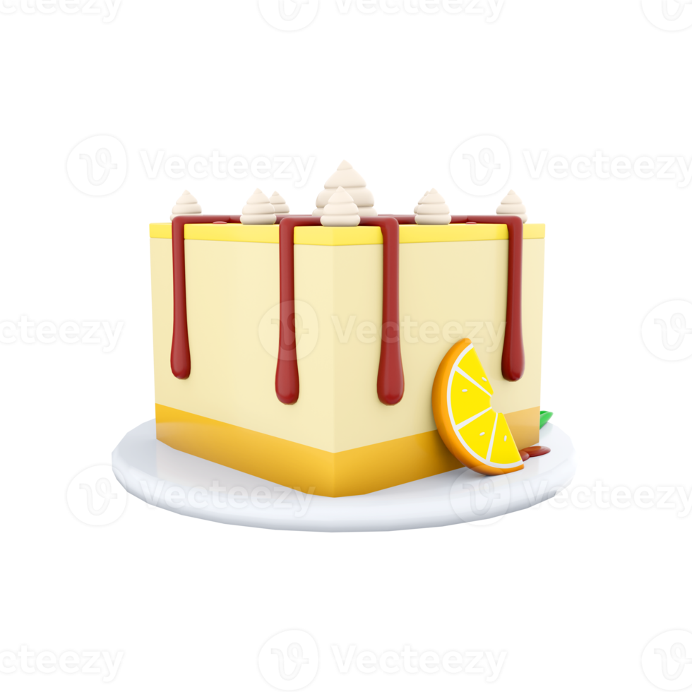 3d rendering lemon cheesecake icon. 3d render cheesecake with lemon slice and chocolate lines on top with cream icon. Lemon cheesecake. png