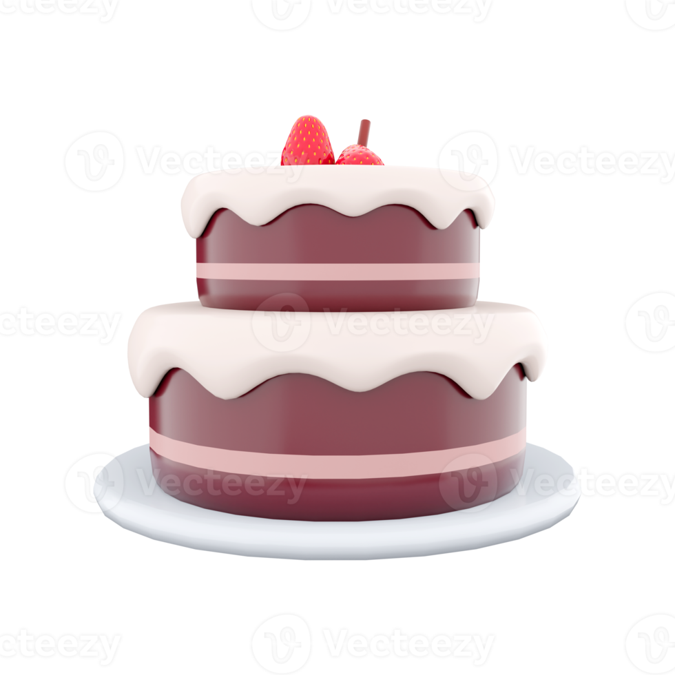 3d rendering cake chocolate with red strawberries toppings icon. 3d render two tiered sweet cake icon. Cake chocolate with red strawberries toppings. png