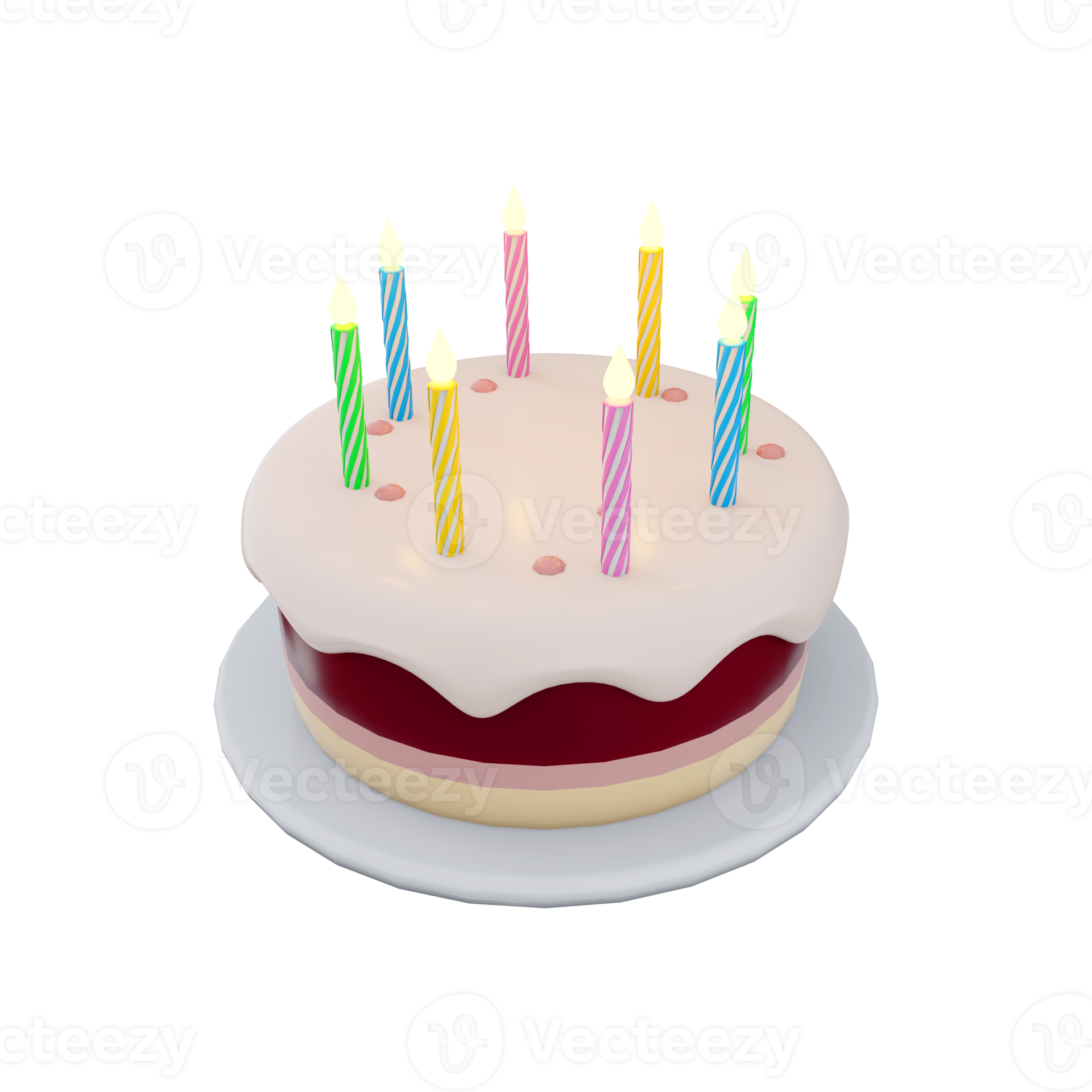 Free 3d rendering birthday cake with candles. 3d render threelayer