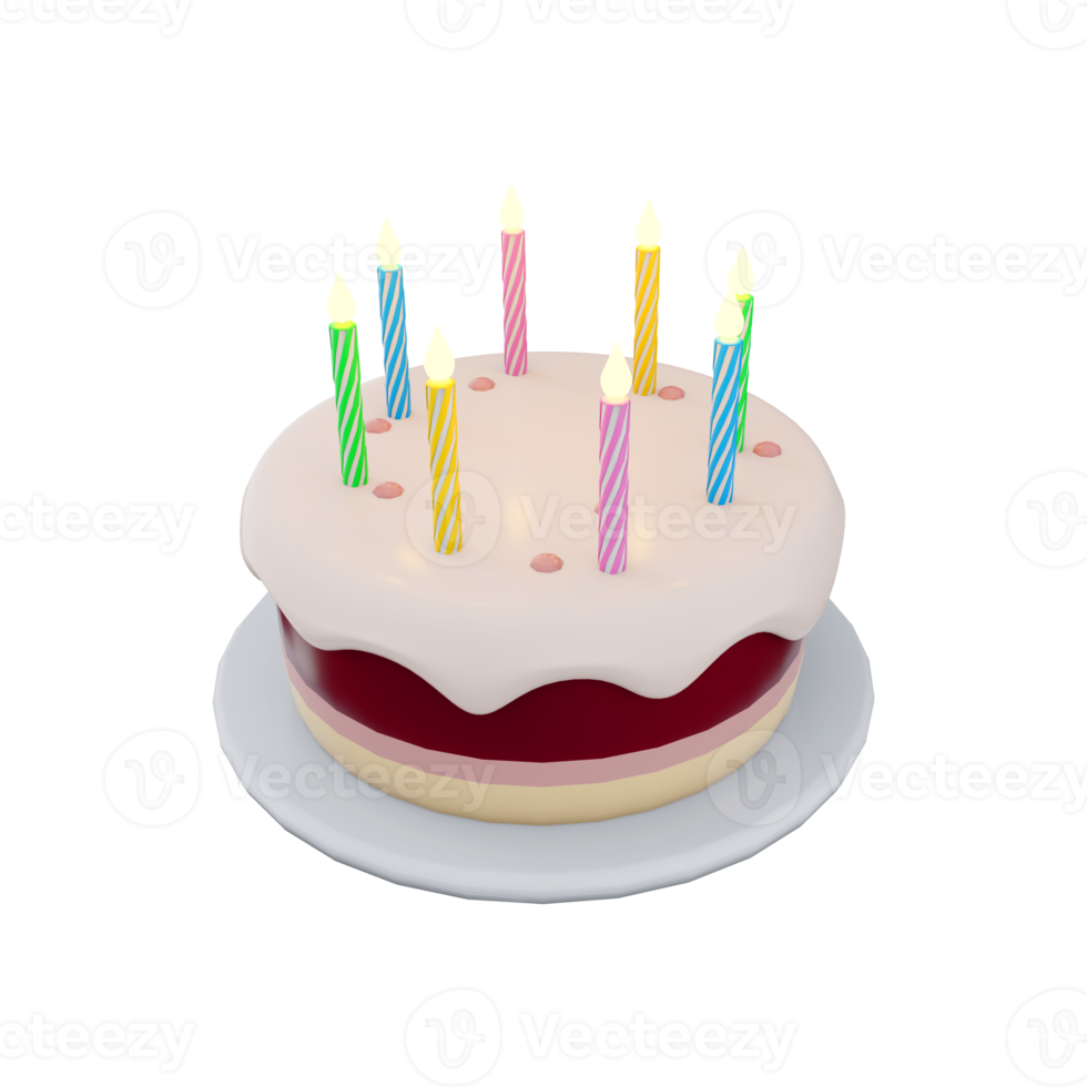 3d rendering birthday cake with candles. 3d render three-layer dessert with colorful candles. Birthday cake. png