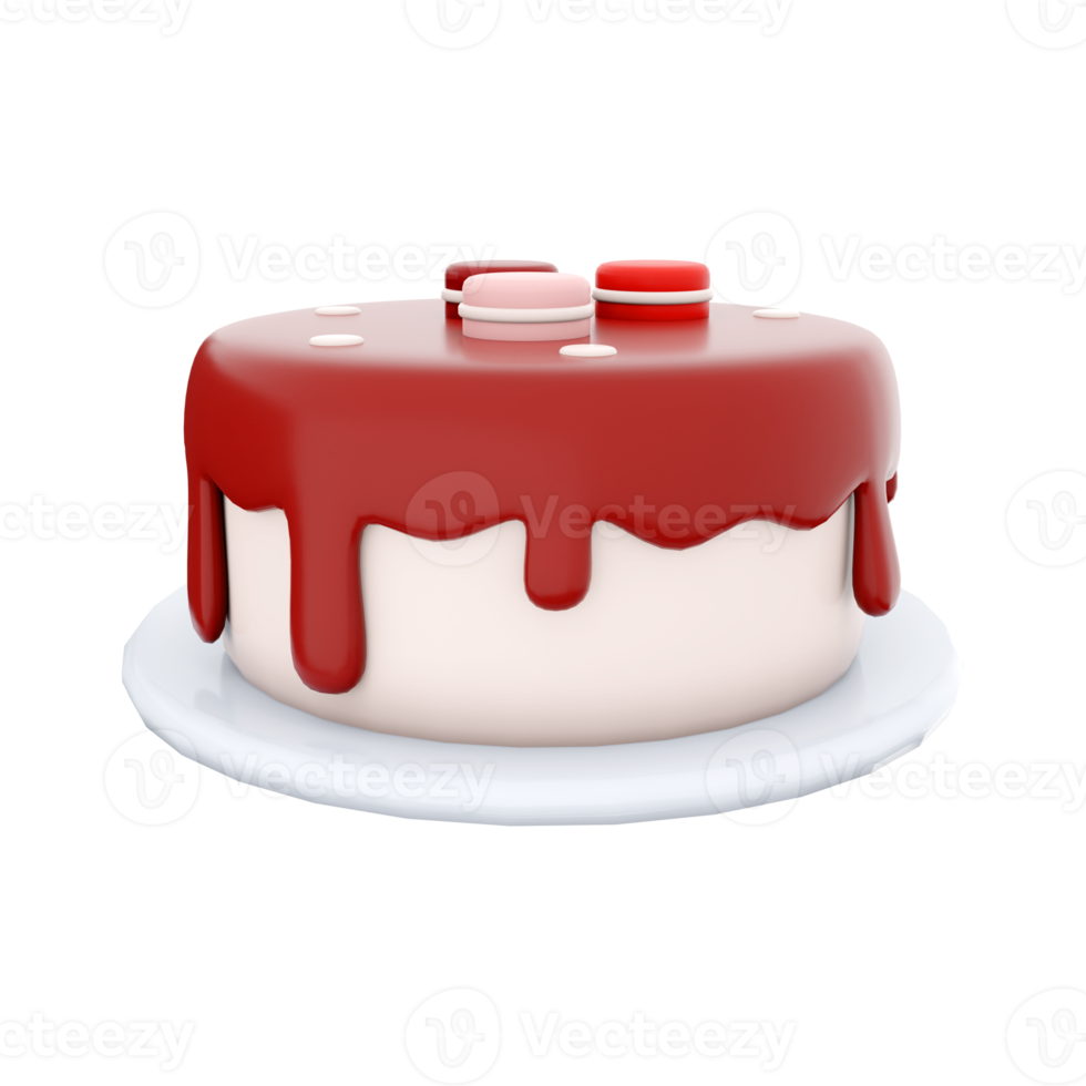 3d rendering cake with macarons on top icon. 3d render dessert with macarons and chocolate icing icon. Cake with macarons on top. png