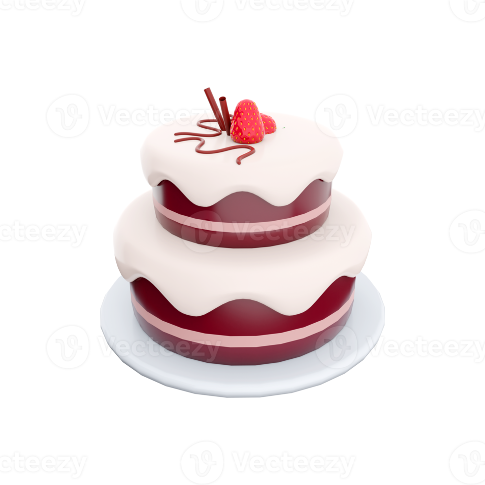 3d rendering cake chocolate with red strawberries toppings icon. 3d render two tiered sweet cake icon. Cake chocolate with red strawberries toppings. png