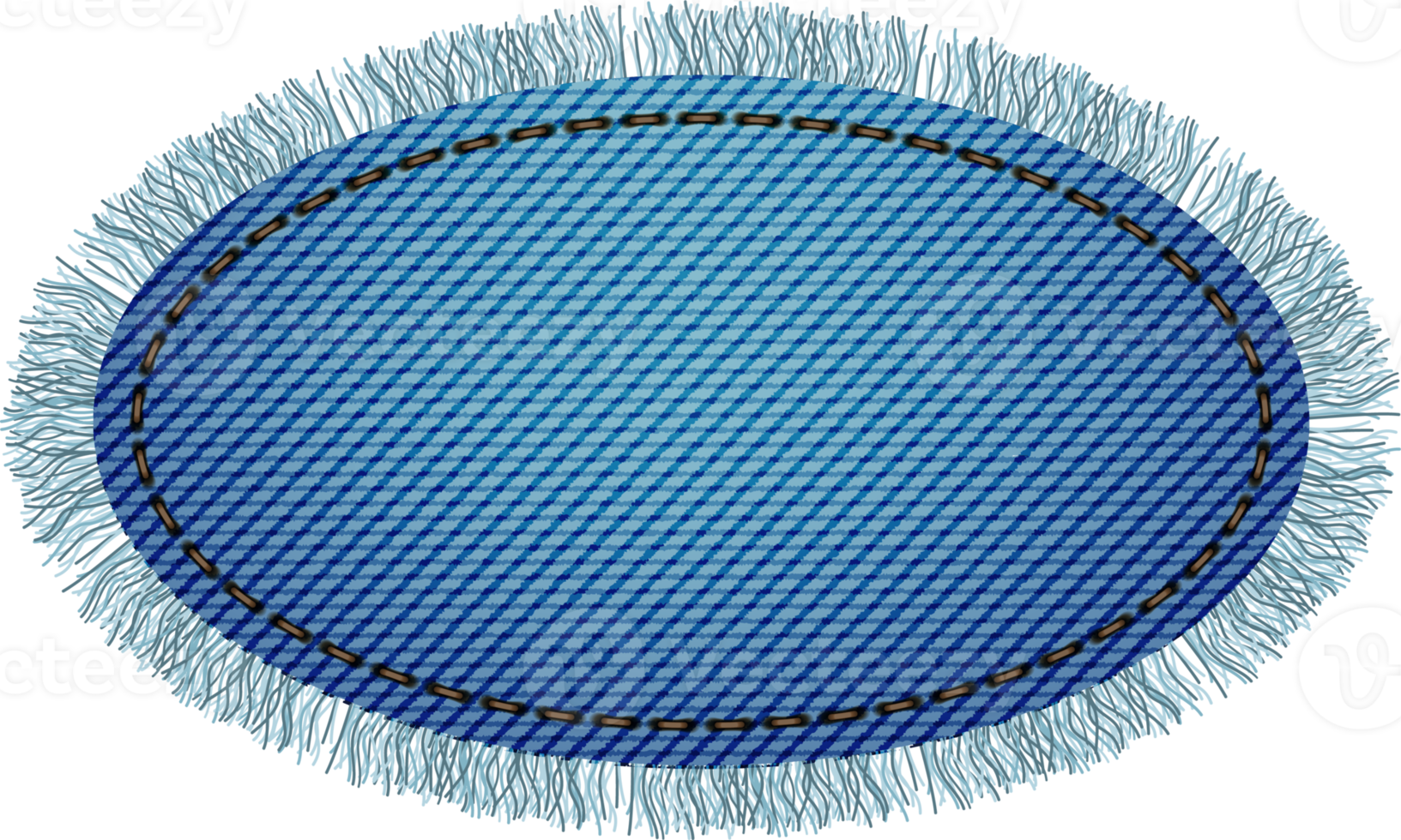 Blue denim patch with stitch and fringe. Light blue denim. Oval patch png
