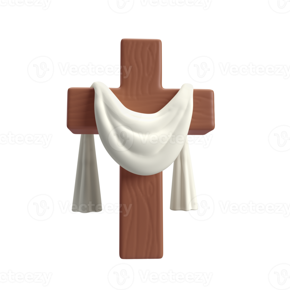 3d icon Wooden Cross with white cloth textile, symbol of the resurrection of Jesus Christ. He is risen. Easter resurrection illustration. Scripture. isolated on white background with clipping path png