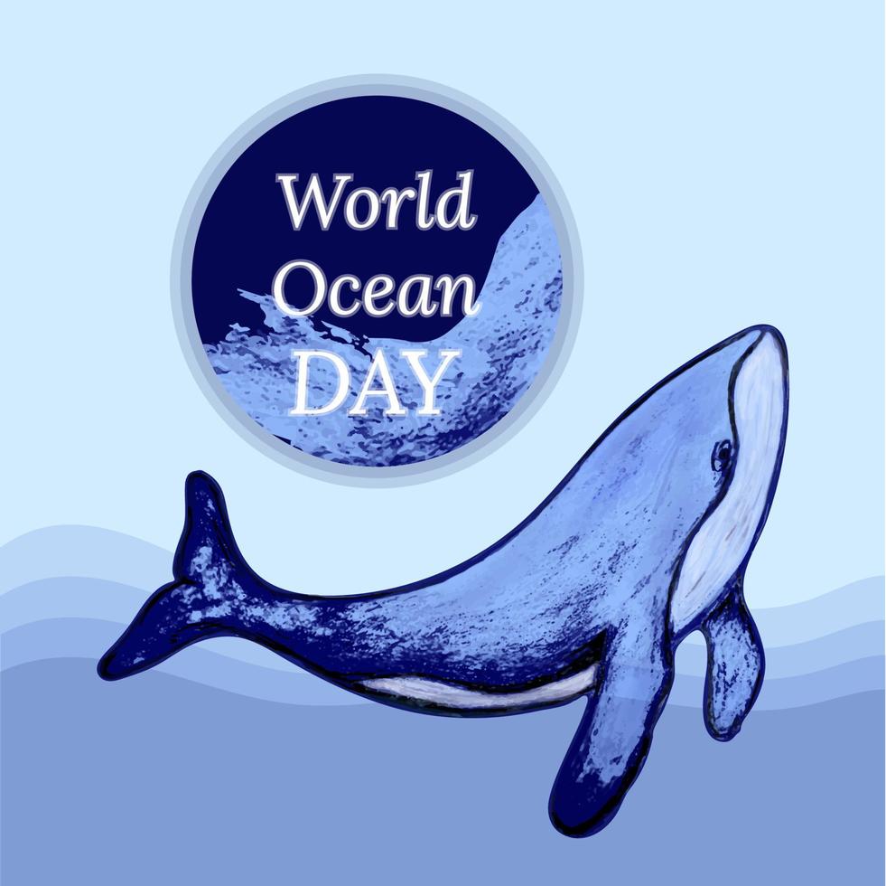 Art concept World Oceans Day. Vector illustration with whale and wave. Ocean and sea theme poster.