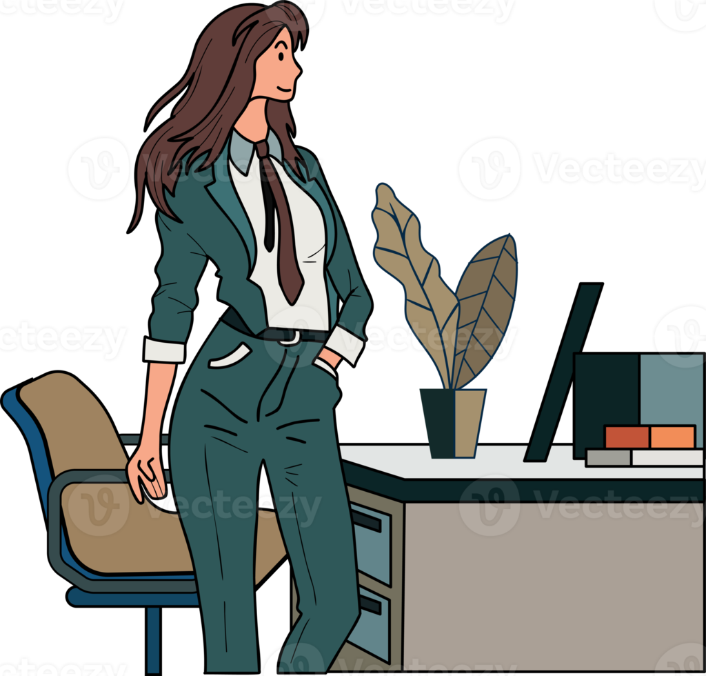 female entrepreneur with office desk illustration in doodle style png