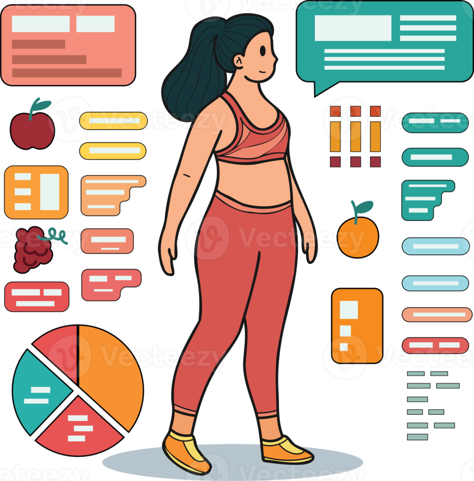Fitness girl who loves health is losing weight illustration in doodle