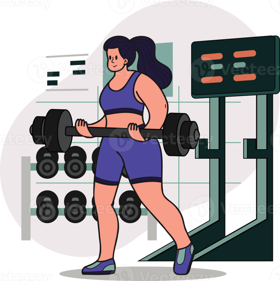 Healthy fitness girl lifting weights in gym illustration in doodle style png