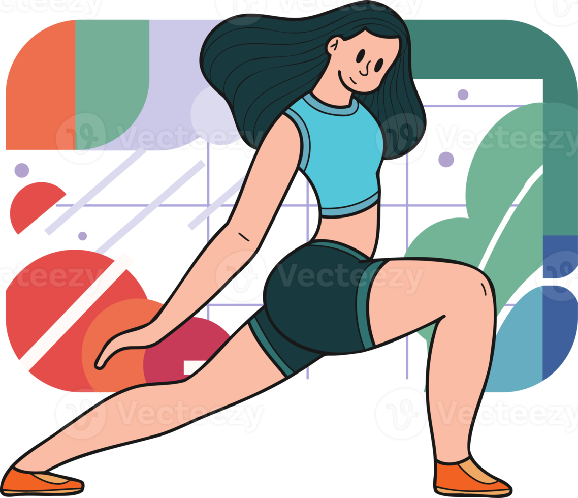 Healthy fitness girl doing aerobics in the gym illustration in doodle style png