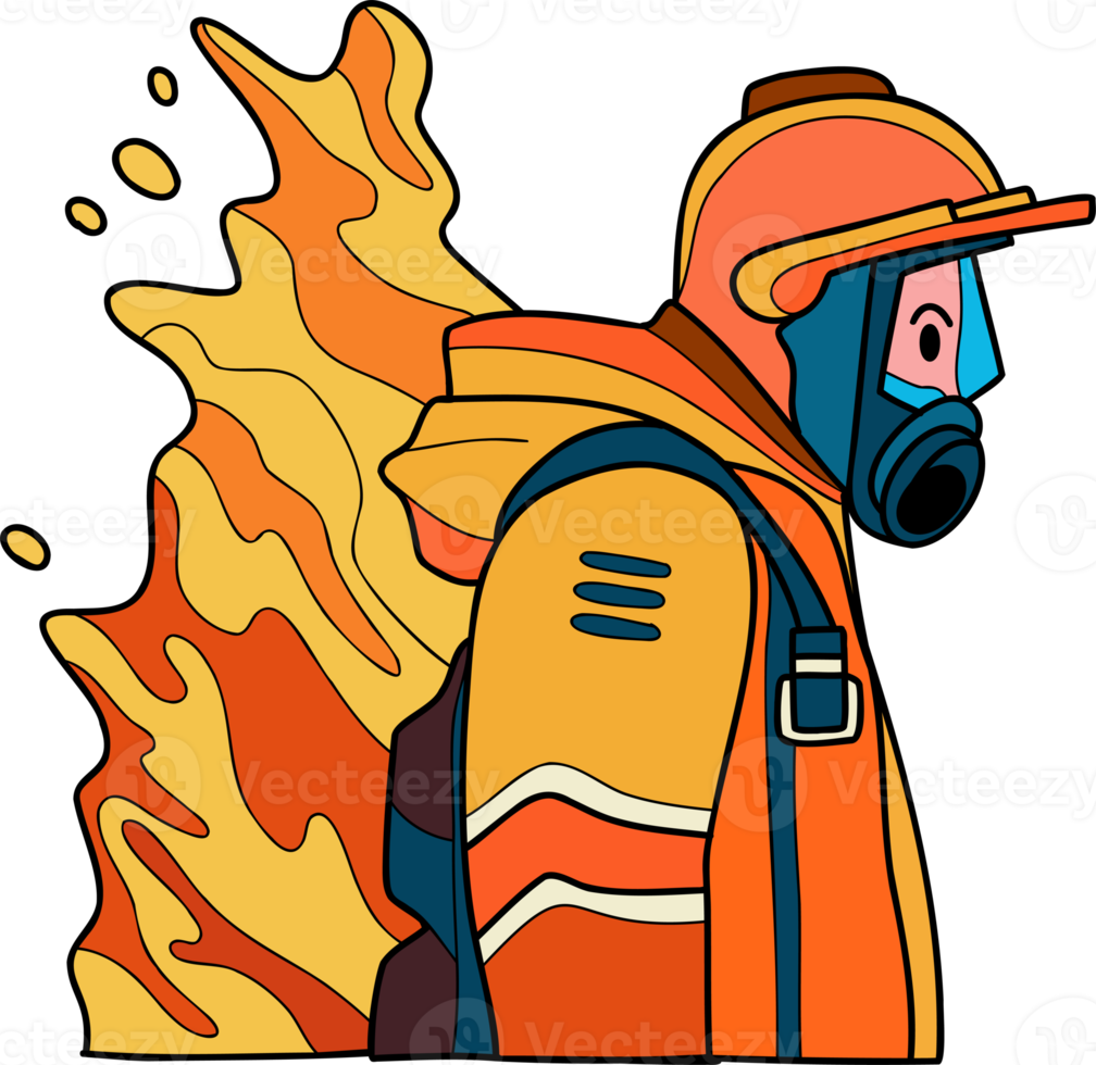 bombero con fuego traje ilustración en garabatear estilo png