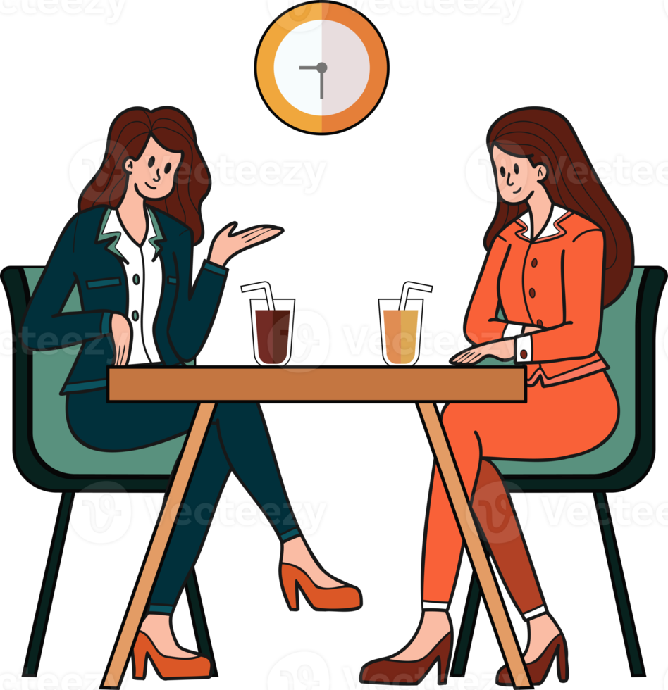 Female office workers sitting and chatting in a coffee shop illustration in doodle style png