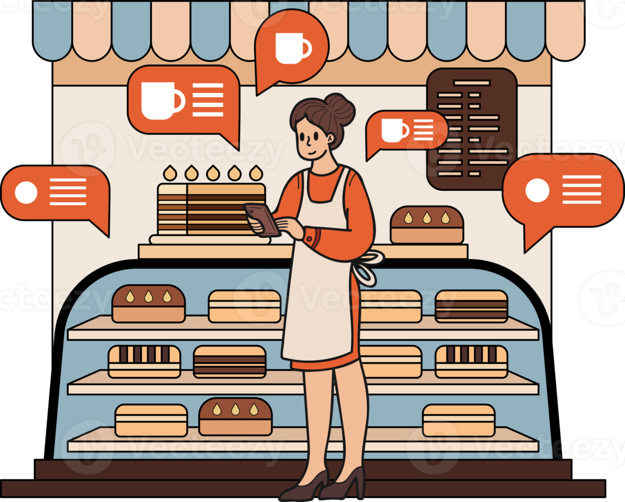 Female Entrepreneur with Bakery Shop illustration in doodle style png