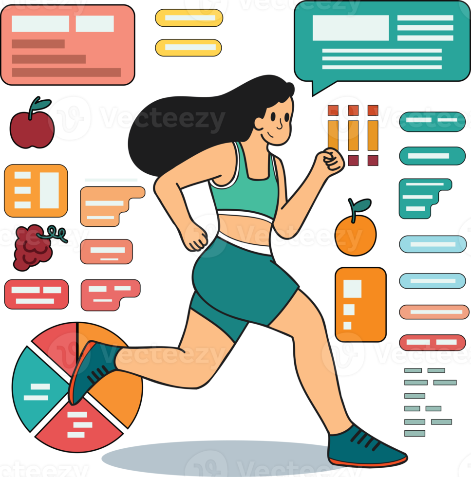 Healthy loving fitness girl running in the gym illustration in doodle style png