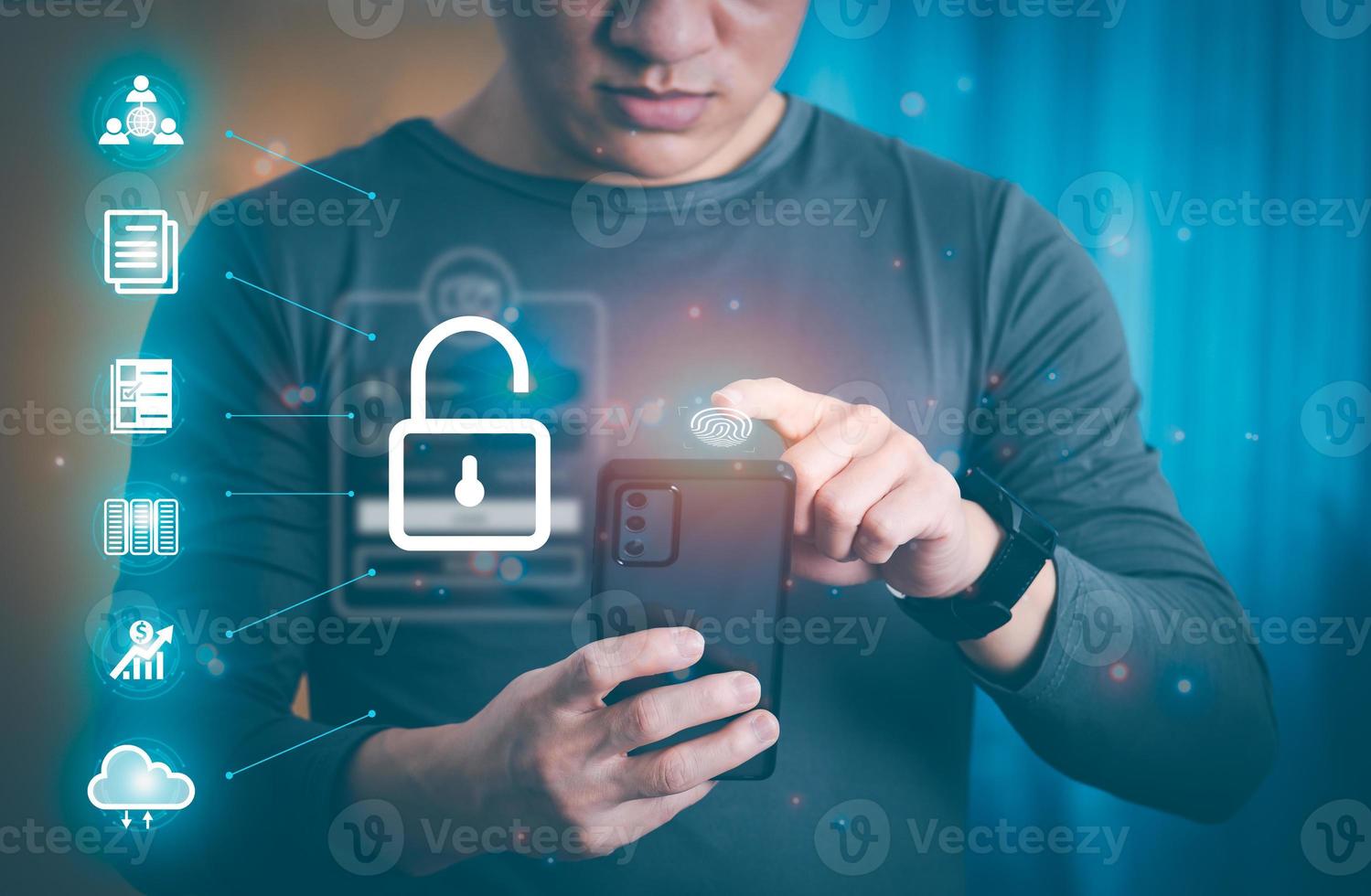 The person touching the virtual screen to scan fingerprint, digital transformation management concept Internet of Things, Big Data and Business Processes, Automated Operations, Data Storage photo