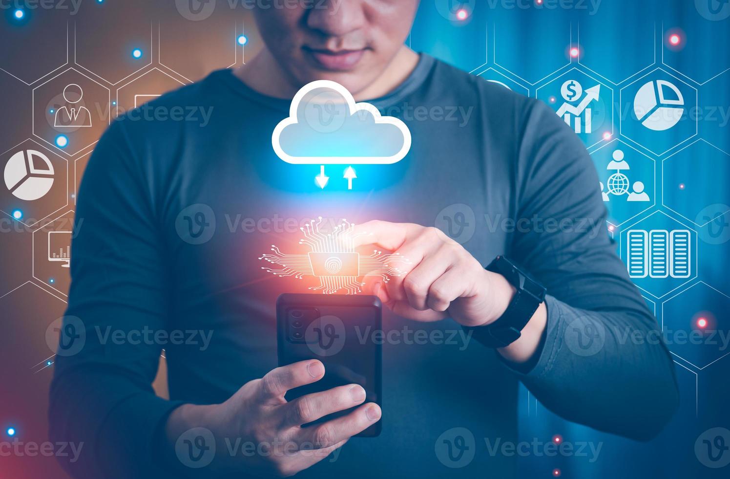 businessman using smartphones, online transactions, shopping, with internet technology, global data connection concept with technology internet, big data, information search, online marketing photo