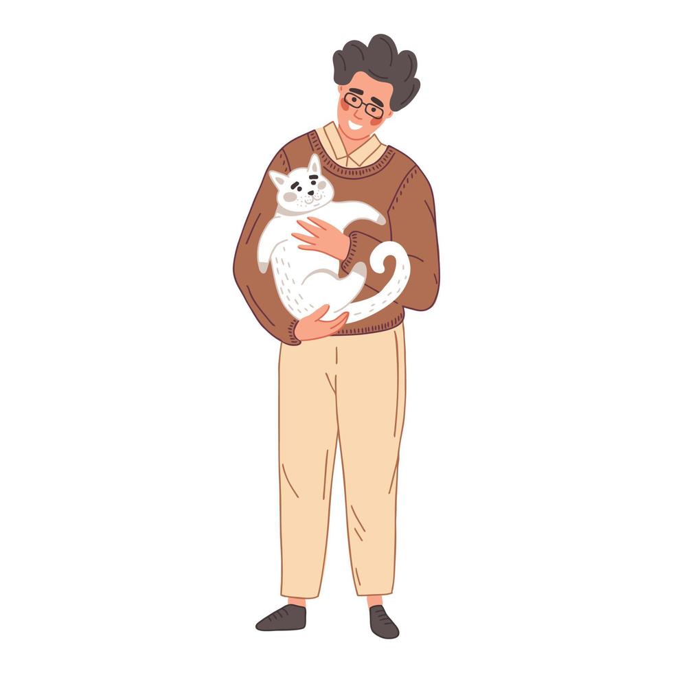 A happy man holds a white cat. The guy smiles at the funny kitten. isolated illustration vector