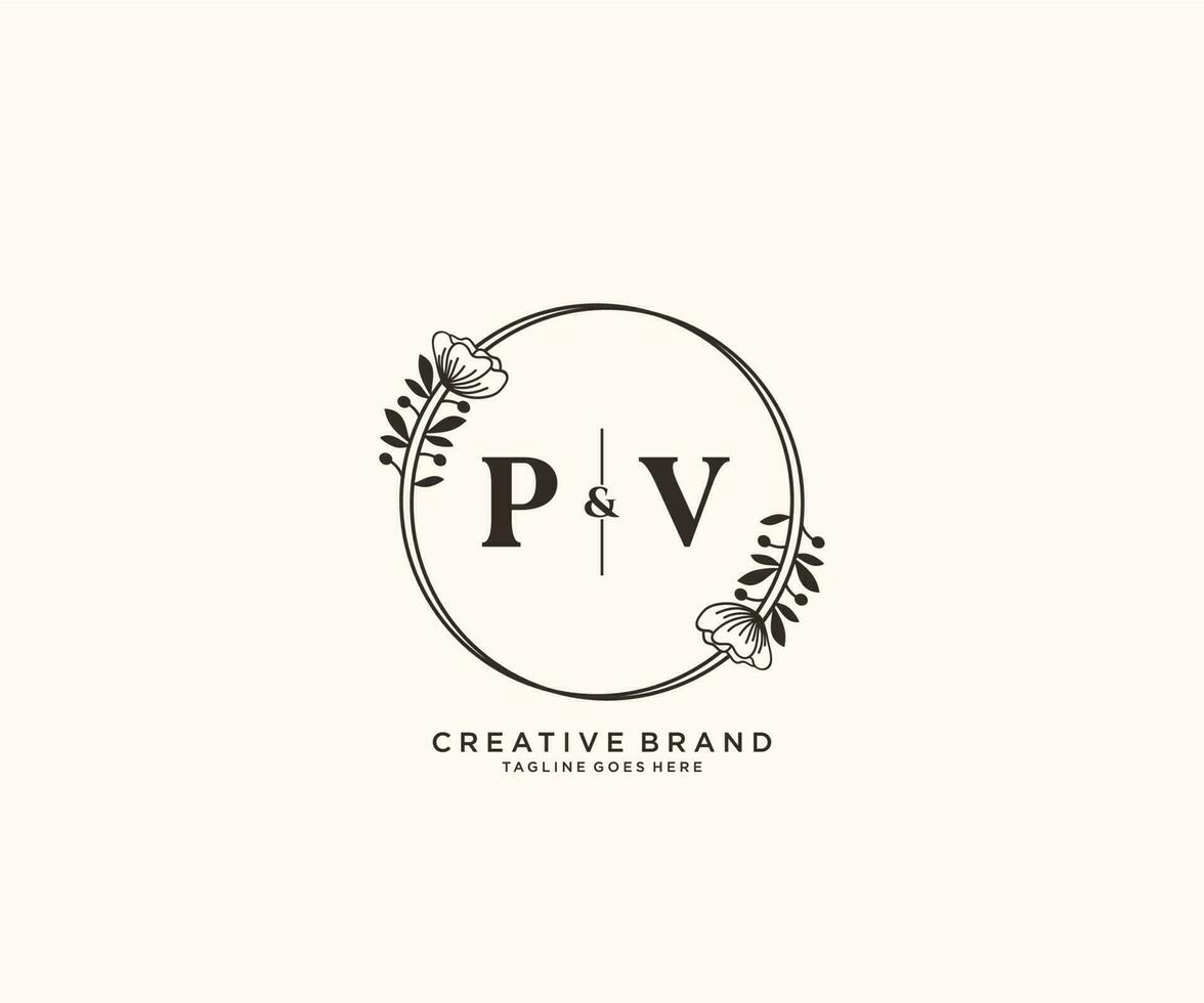 initial PV letters hand drawn feminine and floral botanical logo suitable for spa salon skin hair beauty boutique and cosmetic company. vector