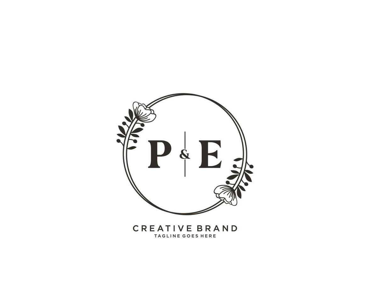 initial PE letters hand drawn feminine and floral botanical logo suitable for spa salon skin hair beauty boutique and cosmetic company. vector