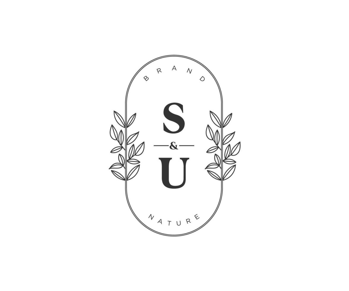 initial SU letters Beautiful floral feminine editable premade monoline logo suitable for spa salon skin hair beauty boutique and cosmetic company. vector