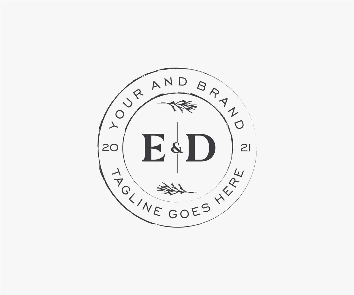 initial ED letters floral frames. Botanical feminine editable premade monoline unique decoration for greeting card, wedding invitation. vector