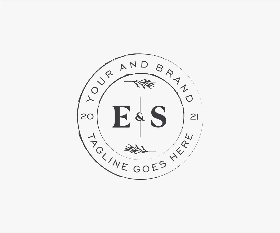 initial ES letters floral frames. Botanical feminine editable premade monoline unique decoration for greeting card, wedding invitation. vector