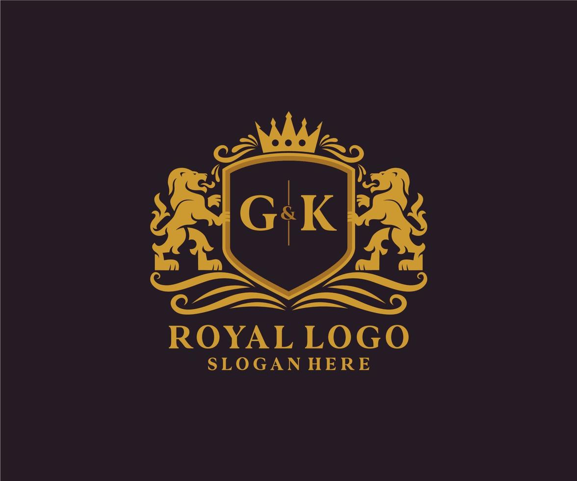 Initial GK Letter Lion Royal Luxury Logo template in vector art for Restaurant, Royalty, Boutique, Cafe, Hotel, Heraldic, Jewelry, Fashion and other vector illustration.