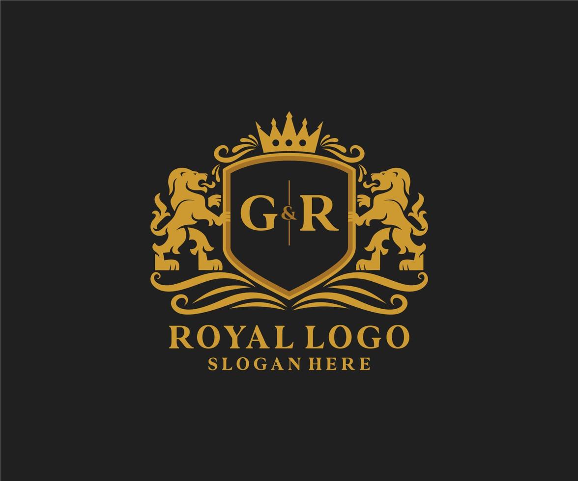 Initial GR Letter Lion Royal Luxury Logo template in vector art for Restaurant, Royalty, Boutique, Cafe, Hotel, Heraldic, Jewelry, Fashion and other vector illustration.