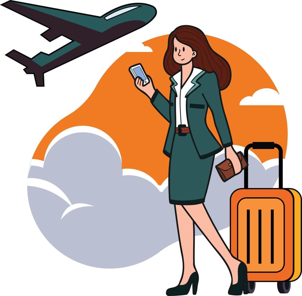 female office worker or Air hostess boarding the plane illustration in doodle style vector