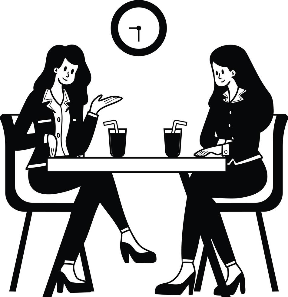 Female office workers sitting and chatting in a coffee shop illustration in doodle style vector