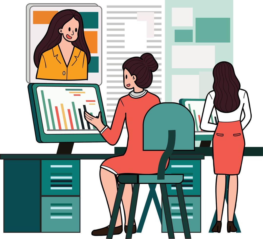 Female entrepreneurs are having online meetings illustration in doodle style vector