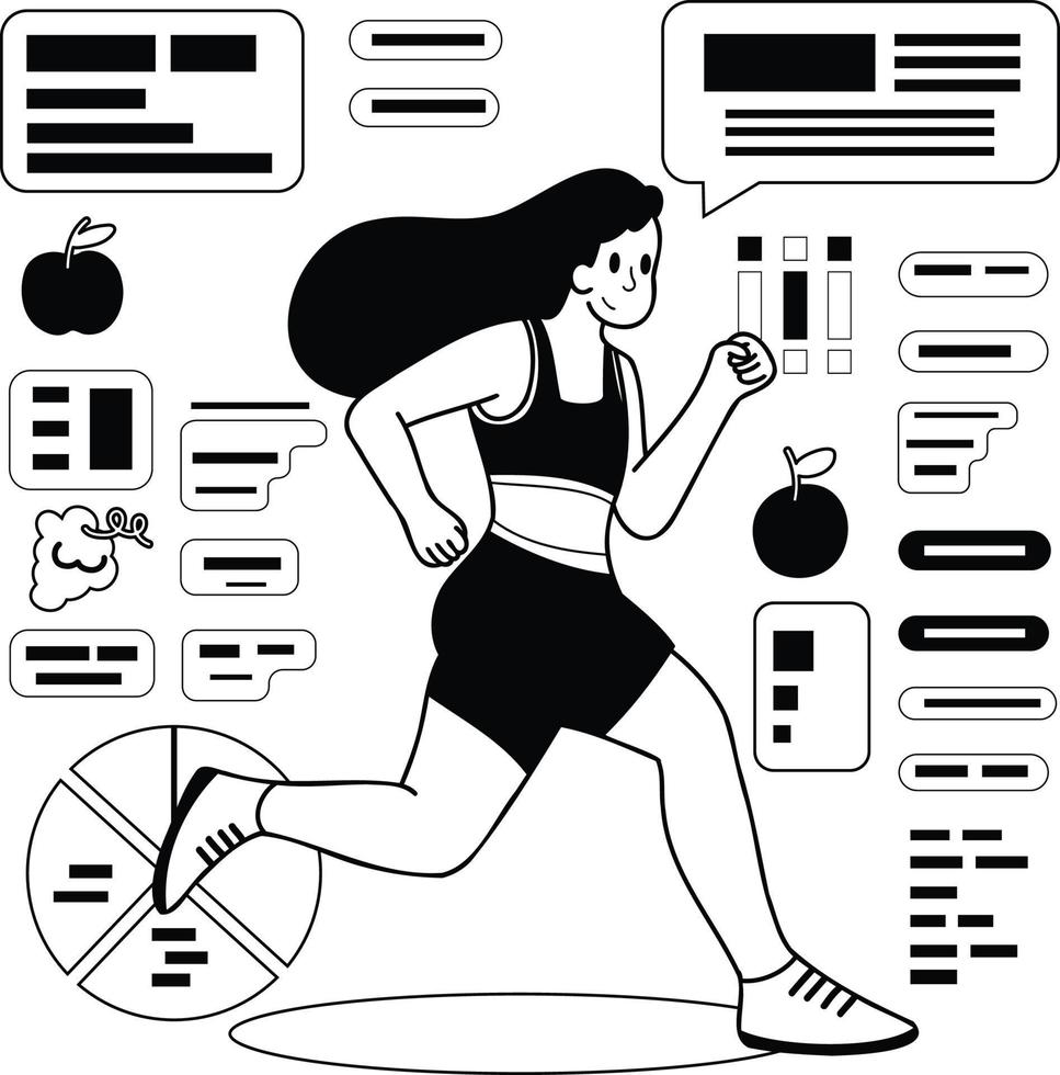 Healthy loving fitness girl running in the gym illustration in doodle style vector