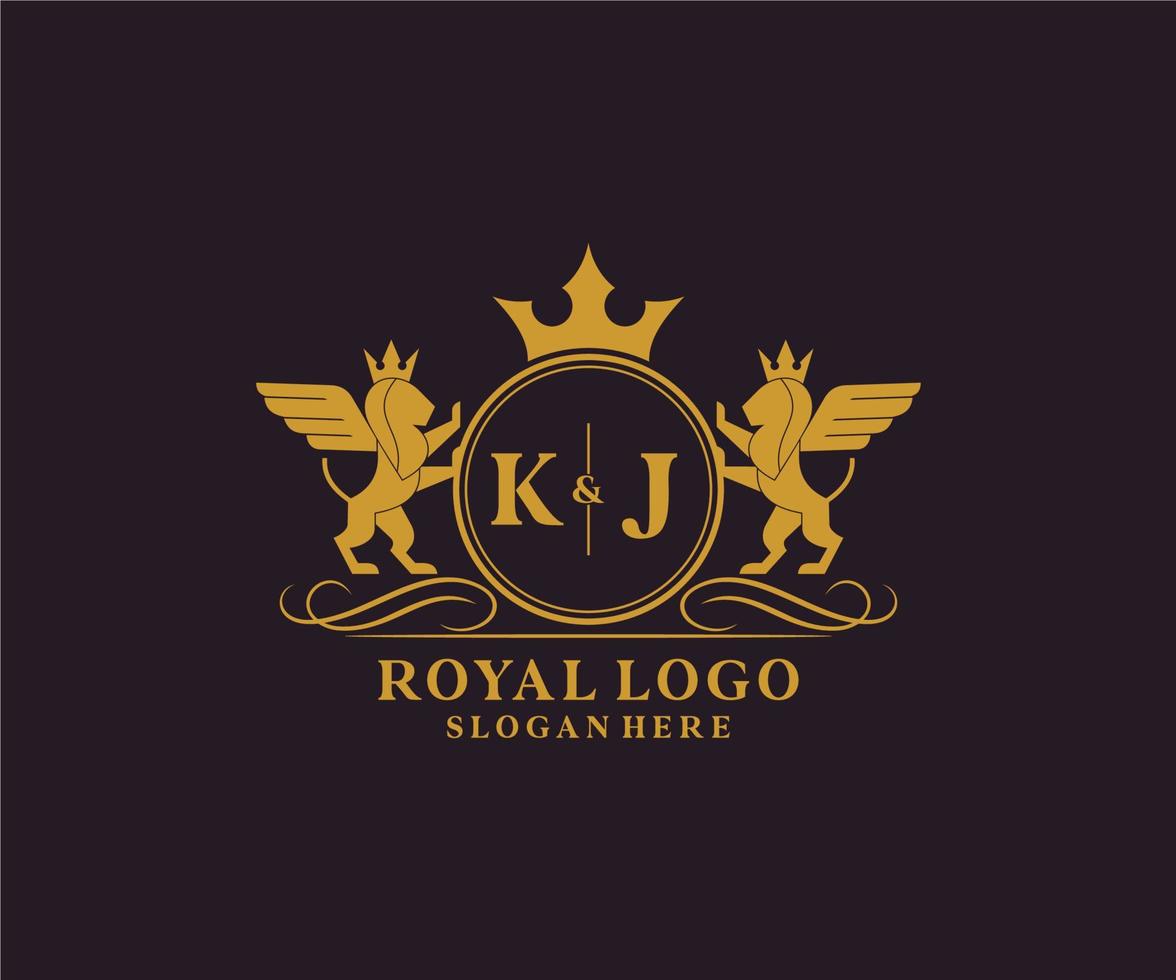 Initial KJ Letter Lion Royal Luxury Heraldic,Crest Logo template in vector art for Restaurant, Royalty, Boutique, Cafe, Hotel, Heraldic, Jewelry, Fashion and other vector illustration.