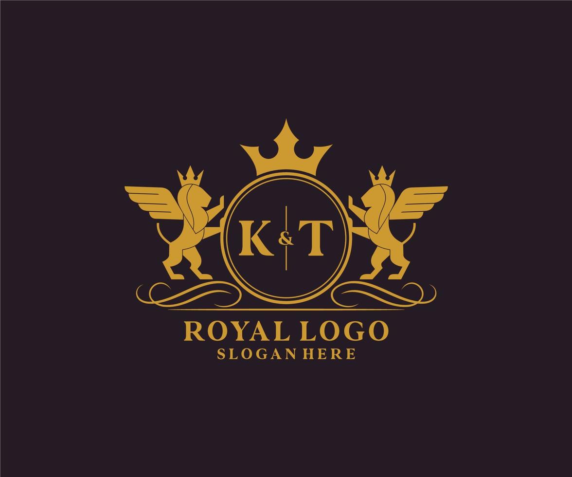 Initial KT Letter Lion Royal Luxury Heraldic,Crest Logo template in vector art for Restaurant, Royalty, Boutique, Cafe, Hotel, Heraldic, Jewelry, Fashion and other vector illustration.