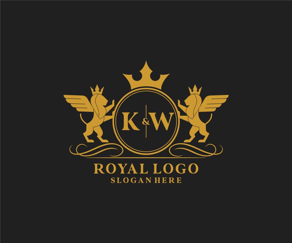 Initial KW Letter Lion Royal Luxury Heraldic,Crest Logo template in vector art for Restaurant, Royalty, Boutique, Cafe, Hotel, Heraldic, Jewelry, Fashion and other vector illustration.