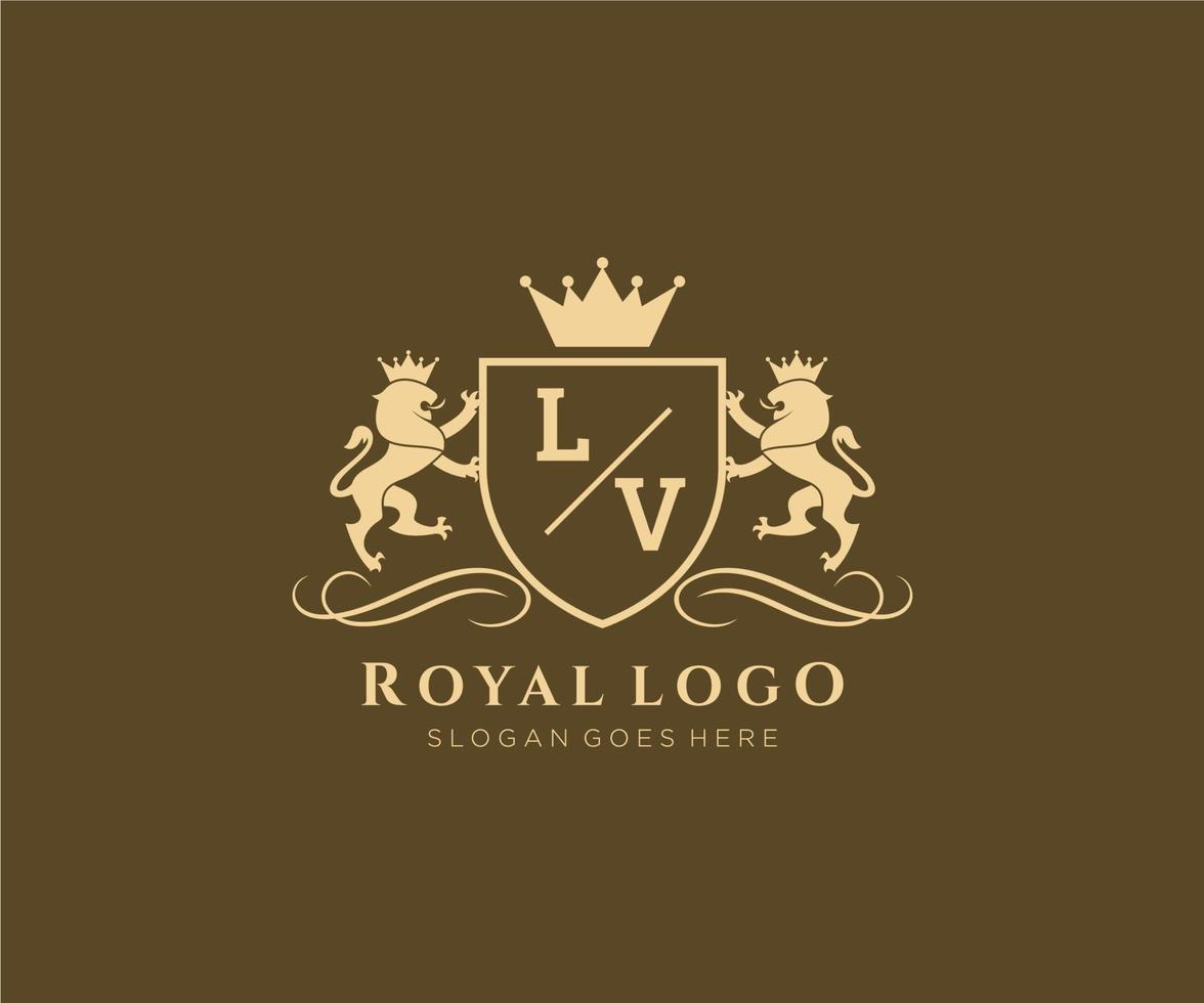 Initial LV Letter Lion Royal Luxury Heraldic,Crest Logo template in vector art for Restaurant, Royalty, Boutique, Cafe, Hotel, Heraldic, Jewelry, Fashion and other vector illustration.