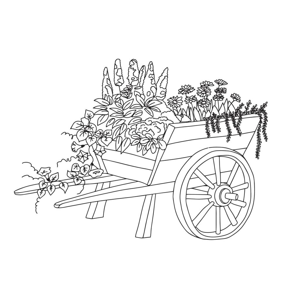 Cart with flowers in doodle style. Decoration for garden hand drawn outline illustration. vector