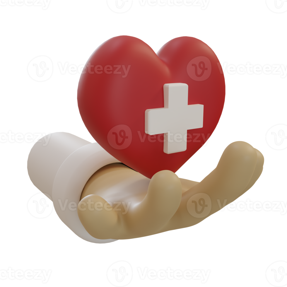 3d rendering of a hand holding a heart icon with a cross symbol. copy space background, banner, card, poster concept of world blood donation day. 3D Render illustration cartoon style. png