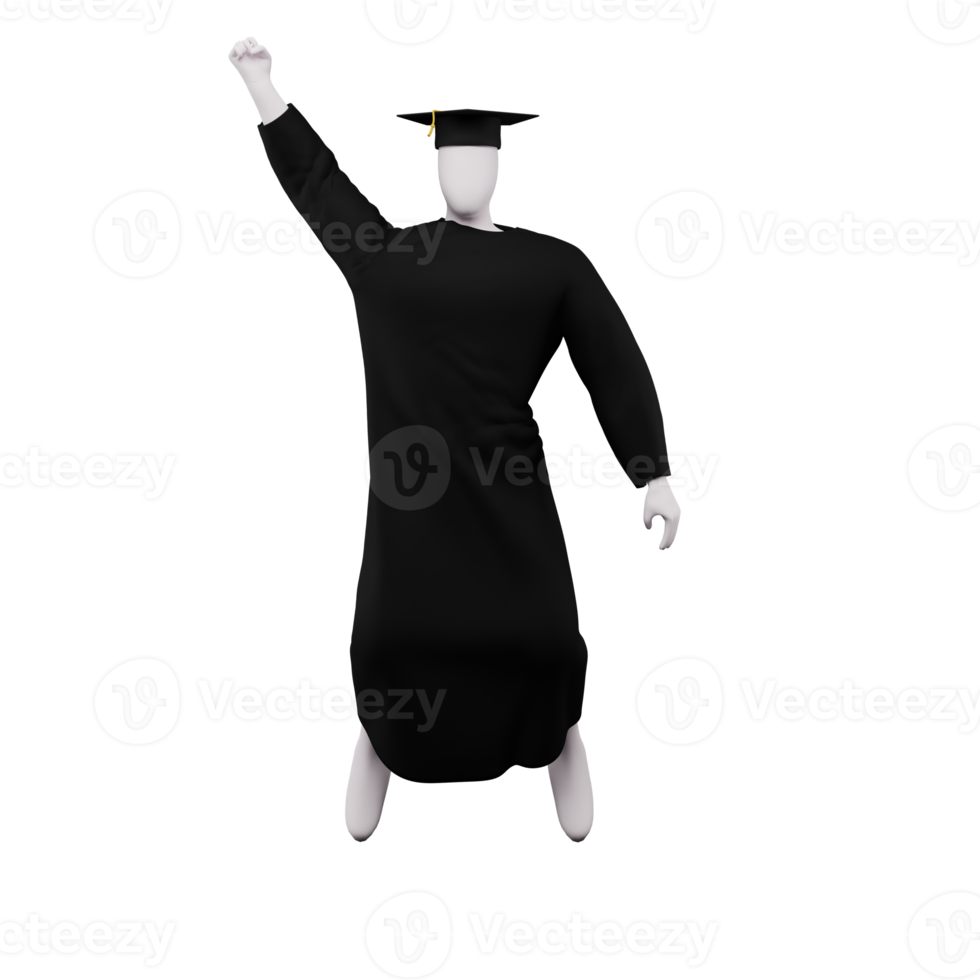 3d diploma graduation figure pose with cap and gown. And is doing a jump pose with raising his right hand. png