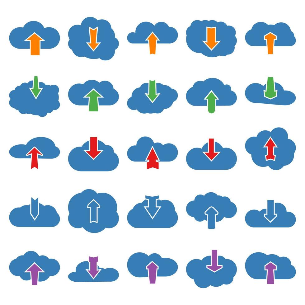 Set of twenty five upload and download clouds icons. Vector illustration.